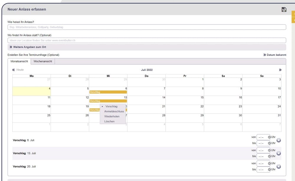 Anlass mit Terminumfrage